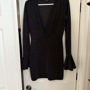 Symphony Black Sheath Dress with Plunge Neckline and Bell Sleeves